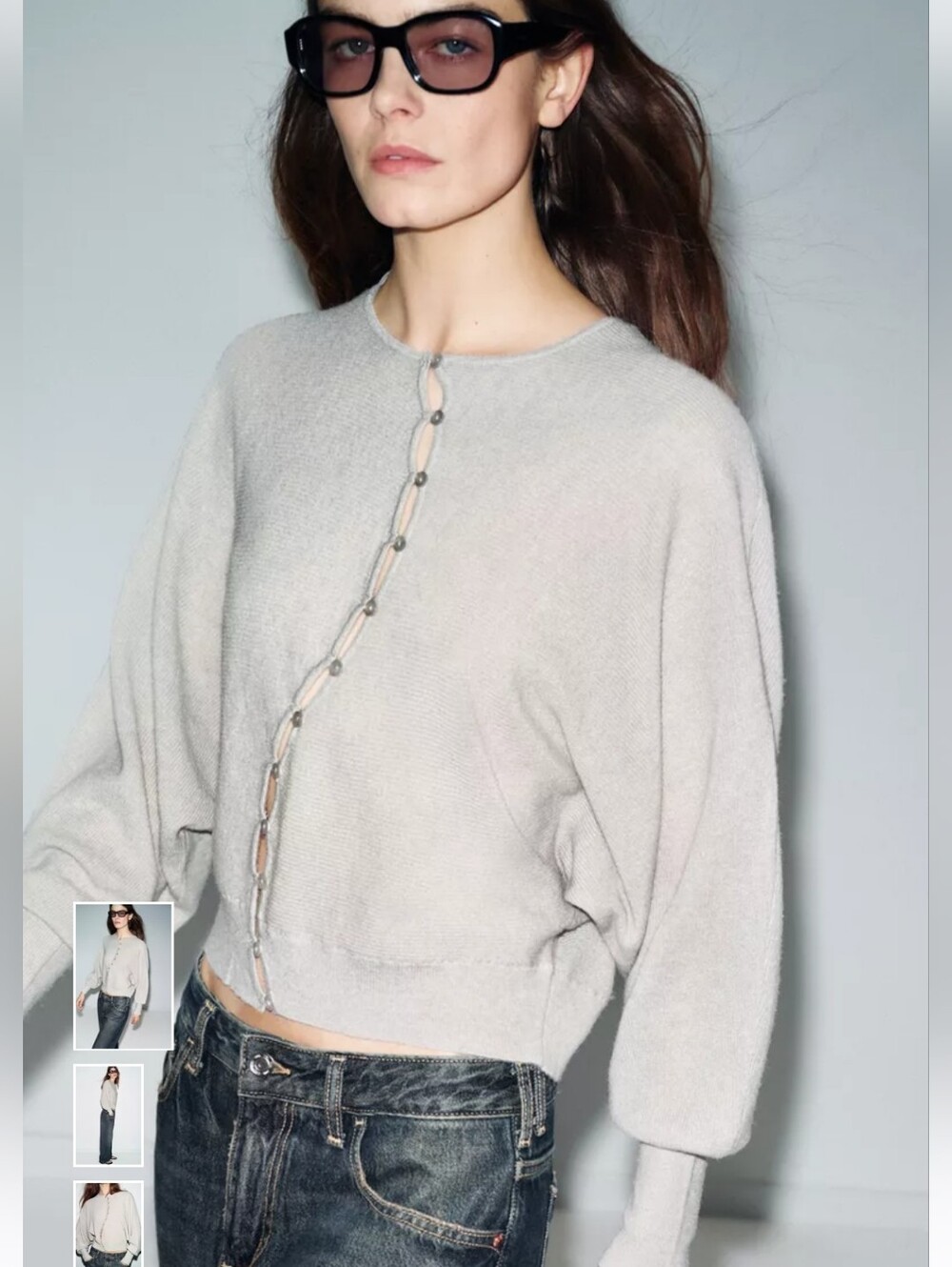 Zara Light Gray Crewneck Button-Front Cardigan